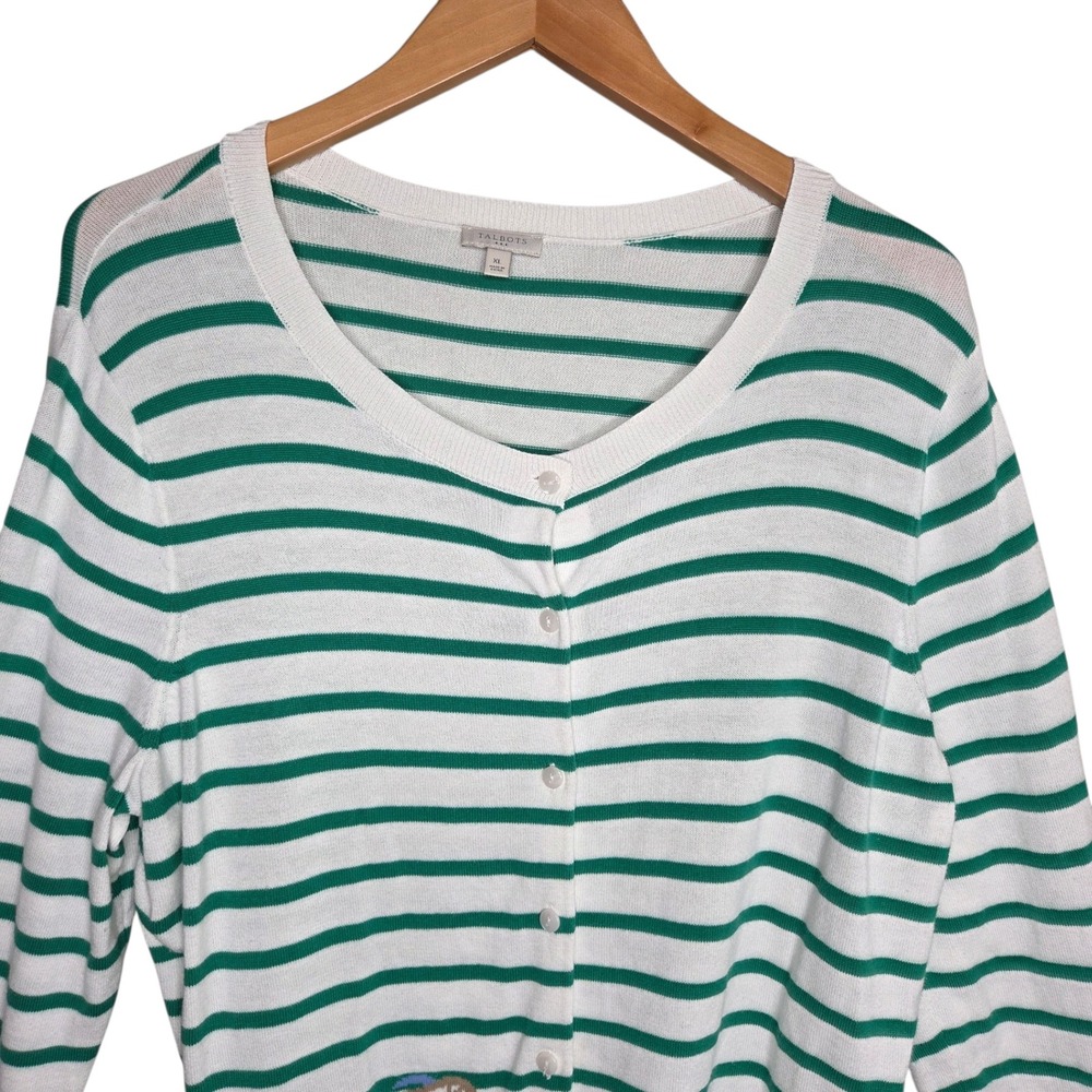 Talbots Green White Striped Cotton Knit Cardigan XL Bicycle Embroidered Preppy - Picture 5 of 12